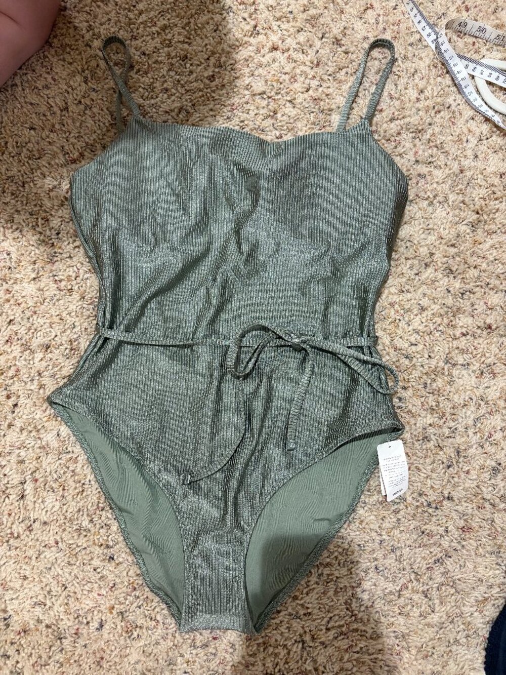Aerie Shine Ribbed Strappy Scoop Olive Green One Piece Wrap Around Tie Swimsuit - Picture 3 of 11